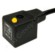 Ventilstecker Bauform B-Industrie mit Kabel, 24V AC/DC, 2,5m PVC-Kabel, Funktionsanzeige LED gelb, Varistor Überspannungsschutz, Erdrichtung H12
