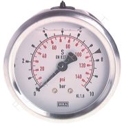 Rohrfeder Glyzerin-Manometer aus Edelstahl, Anschluss 1/4 Zoll rückseitig/axial, Durchmesser ø63 mm, Anzeigebereich -1 bis 3 bar, Klasse 1.6, Gewinde Messing
