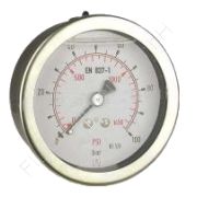 Rohrfeder Glyzerin-Manometer aus Edelstahl, Anschluss 1/4 Zoll rückseitig/axial, Durchmesser ø63 mm, Anzeigebereich -1 bis 1.5 bar, Klasse 1.6, Gewinde Messing