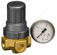 Druckregler für Wasser, Serie MINI, G 1/4 Zoll, Messing, Regelbereich 0.2-6 bar, ohne Sekundärentlüftung, inkl. Manometer Ø40mm/10bar, NBR-Membrane