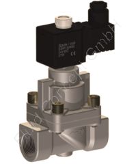 2/2-Wege Hochdruck Kolben-Magnetventil, G 1 Zoll, stromlos geöffnet N.O., vorgesteuert, Edelstahl 1.4301 (AISI304, V2A), 110V/AC, 2-65 bar, PTFE/FKM-Dichtung, -10°C bis +130°C, Nennweite 25mm, Spulenklasse H