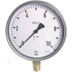 Rohrfeder Industrie-Manometer aus Edelstahl, Anschluss 1/2 Zoll unten/radial, Durchmesser ø160 mm, Anzeigebereich 0 bis 0.6 bar, Klasse 1.0, Gewinde Messing, robuste Ausführung