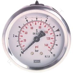 Rohrfeder Glyzerin-Manometer aus Edelstahl, Anschluss 1/4 Zoll rückseitig/axial, Durchmesser ø63 mm, Anzeigebereich -1 bis 0.6 bar, Klasse 1.6, Gewinde Messing