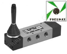 5/3-Wege Handhebelventil, Federrückstellung, Mittelstellung entlüftet, G 1/4 Zoll, Aluminium, Druck max. 10 bar, Dichtung NBR, Nennweite 8mm, Handhebel schwarz