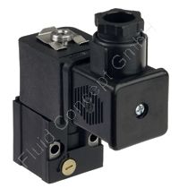 3/2-ISO Pilotventil, elektrisch, Federrückstellung, stromlos geschlossen NC, ISO 15218 (CNOMO), Kunststoff, 230V/AC, Druck max. 10 bar, Dichtung NBR, Nennweite 1.6mm, Handbetätigung, Handhilfsbetätigung mit Drehknopf