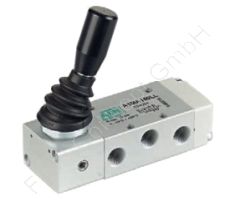 5/3-Wege Handhebelventil, mit Raste/rastend, Mittelstellung belüftet, G 1/4 Zoll, Aluminium, Druck max. 10 bar, Dichtung NBR, Nennweite 8mm